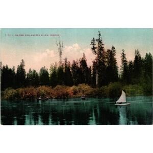 Vintage Willamette River Oregon Postcard Canoes and Sailboat Scene